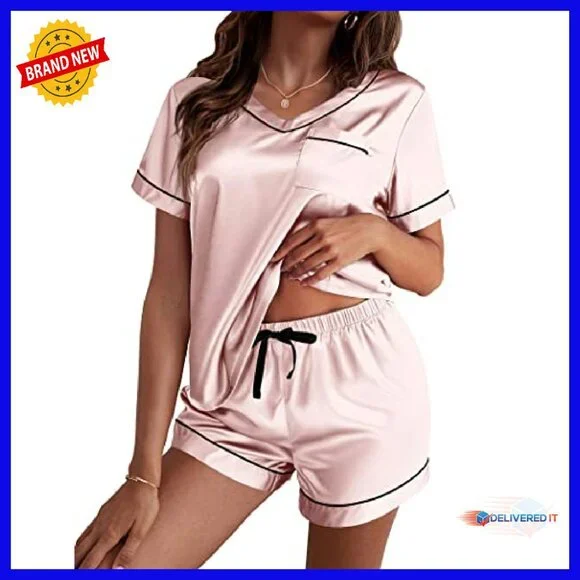 Silk Satin Pajama Set Short Sleeve V-Neck Lounge Sleepwear S-XXL